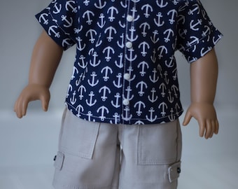 Custom Made Button Down Shirt and Cargo Short for 18in American Girl Boy Dolls