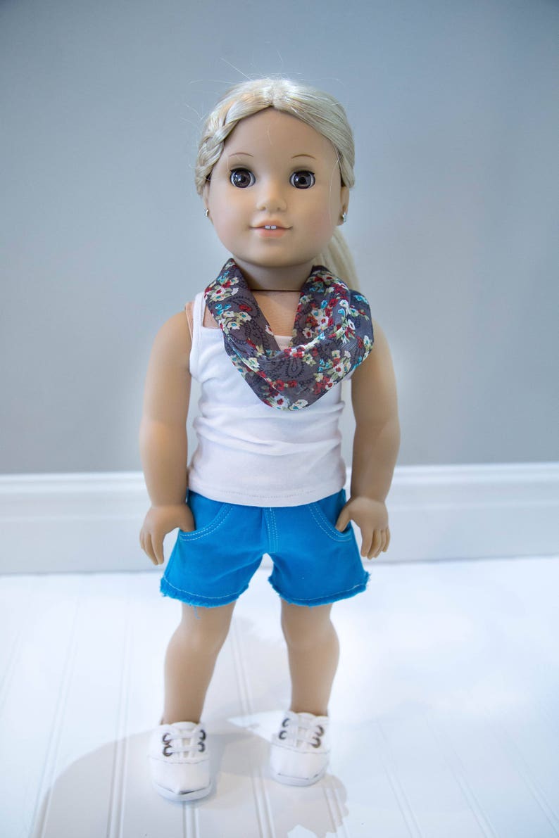 Custom made denim short,tank,and infinity scarf for 18in dolls such as American Girl,Our Generation,and My Life