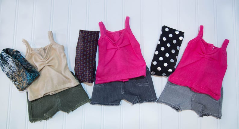 Custom made denim short,tank,and infinity scarf for 18in dolls such as American Girl,Our Generation,and My Life
