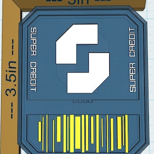 May include: A blue and white geometric design with the words "SUPER CREDIT" on the sides. The object is 3.5 inches by 3 inches. The design includes a series of yellow vertical lines and a large white shape.