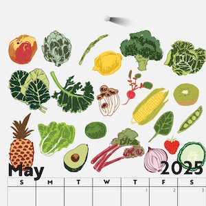 Printable Wall Calendar 2025, Seasonal Produce Food Art