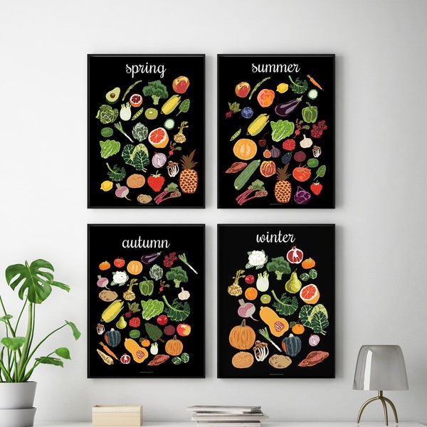 4 Seasons Kitchen Wall Art, Vegan Food Art Seasonal Food Chart