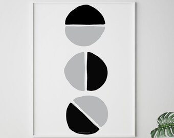 Minimalist Black and White Abstract Scandinavian Modern Circle Art, Modern Bedroom Wall Art Print