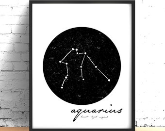 Aquarius Zodiac Constellation Print, Black and White Astrology print