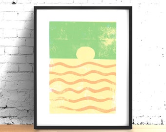 Puede incluir: Una impresión abstracta enmarcada con un fondo verde, un sol amarillo y líneas onduladas naranjas sobre un fondo amarillo.