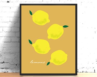 Lemon Print decor food poster, Summer kitchen wall decor