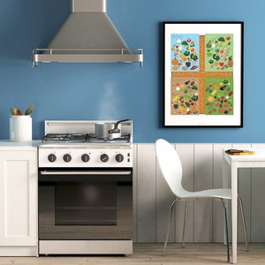 May include: A white kitchen with a white stove and a framed poster on the wall. The poster is a chart of fruits and vegetables grouped by season. The poster has the words "Winter", "Spring", "Summer", and "Autumn" on it.