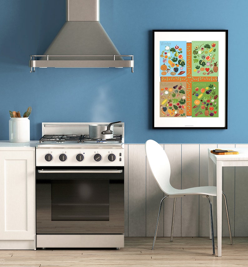 May include: A white kitchen with a white stove and a framed poster on the wall. The poster is a chart of fruits and vegetables grouped by season. The poster has the words "Winter", "Spring", "Summer", and "Autumn" on it.