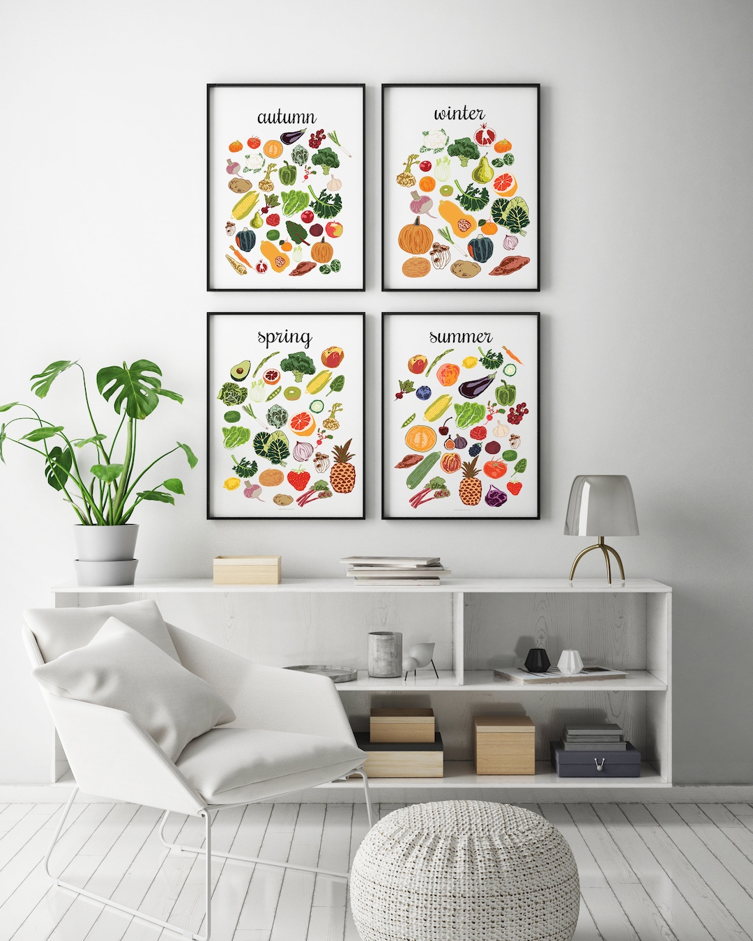 Seasonal Food Poster 4 Seasons Wall Art Set of Four Prints, Vegan Food
