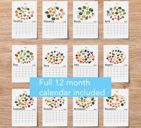 printable wall calendar 2022 seasonal produce food art etsy