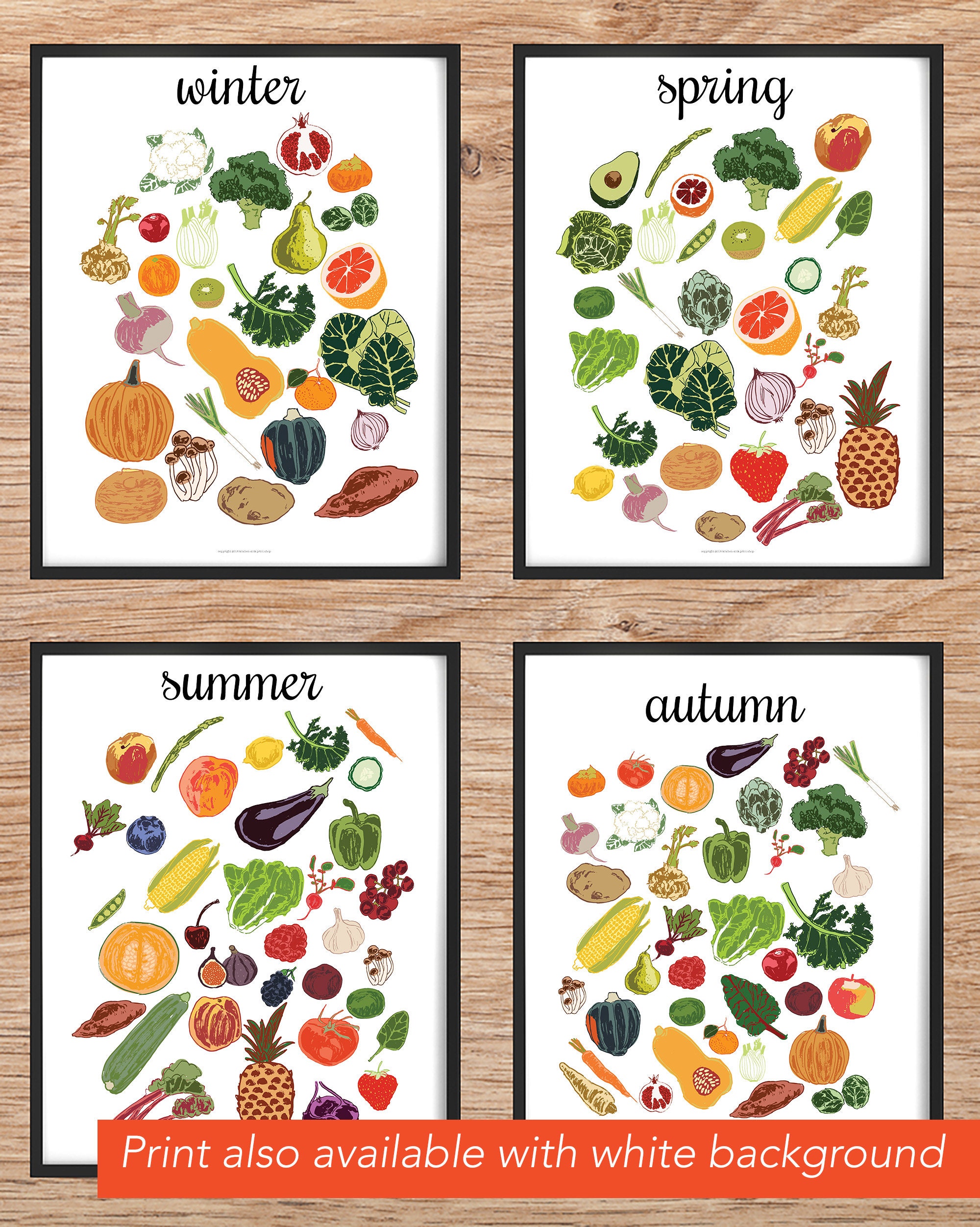 4 Seasons Kitchen Wall Art Vegan Food Art Seasonal Food Chart - Etsy