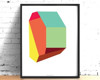 Emerald and Orange Oversized Wall Art Geometric Poster, Mid Century Scandinavian Poster