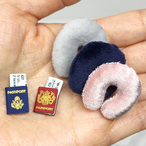 1/6 and 1/12 Dollhouse Miniature Travel Neck Pillow and Passport Set Assorted Colors