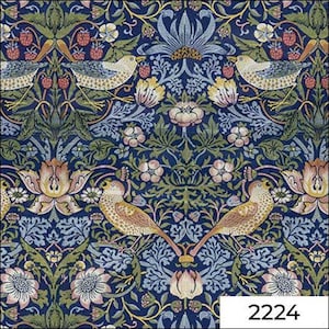 Dollhouse Wallpaper - William Morris Strawberry Thief Birds - Navy Blue - Peel Stick - 1/12 One Inch Scale - 1/6 Scale 2224