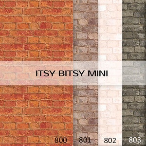 May include: Four brick wall patterns, each with a different colour scheme. The first is red brick, the second is grey brick, the third is white brick, and the fourth is dark grey brick. The text "ITSY BITSY MINI" is printed in white on a white background in the centre of the image. The numbers 800, 801, 802, and 803 are printed below the brick patterns.