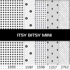 Könnte beinhalten: Fünf verschiedene schwarz-weiße Fliesenmuster. Die Muster sind: kleine Rauten, kleine Blumen, geflochten, kleine Sechsecke und Fischgrätenmuster. Die Zahlen 1599, 1597, 1598, 1757 und 2762 befinden sich unter den Mustern. Der Text "ITSY BITSY MINI" befindet sich in der Mitte des Bildes.