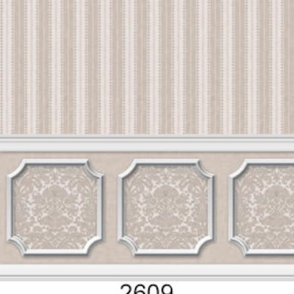 Dollhouse Miniature Wallpaper - Gray Damask Stripe Wainscot Mural - Peel Stick - Multiple Scales - 12th 6th 24th 48th