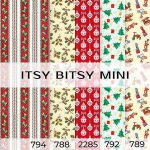May include: Five different fabric patterns with a Christmas theme. The patterns include red and white stripes, holly leaves, red ornaments, green trees, and a whimsical toy pattern.