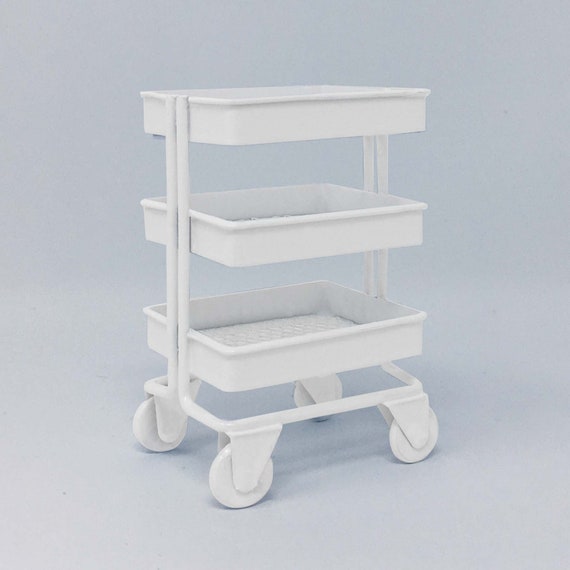 1//12 Miniature 3 Tier Storage Shelf w// 4 Wheels for Dollhouse Decor White