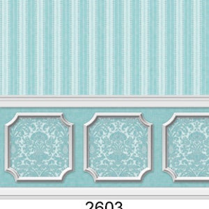 Dollhouse Peel Stick Miniature Wallpaper Damask Stripe Blue Opal Wainscot