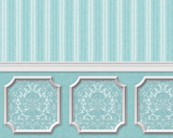 May include: A teal blue wallpaper with a white stripe pattern. The bottom border features a white trim with three teal blue squares with a white ornate frame and a floral pattern. The number 2603 is printed in white at the bottom center.
