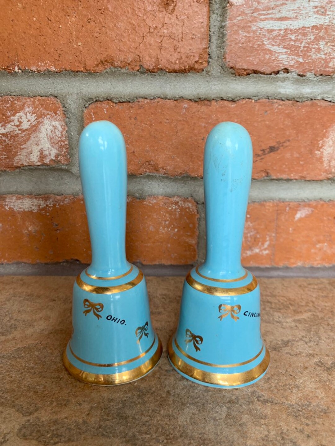 Midcentury Cincinnati Ohio Bell Salt & Pepper Shakers Light Blue Bell Shaped Shakers With Gold