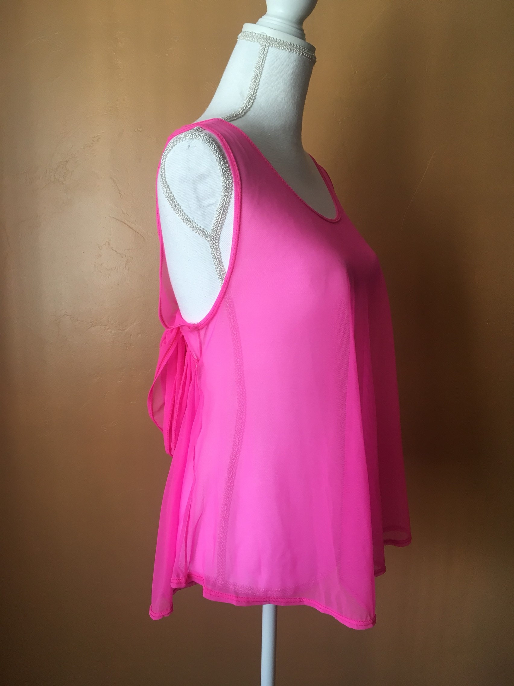 Neon Pink Sleeveless Top L Sheer Dance Top Summer Blouse Etsy