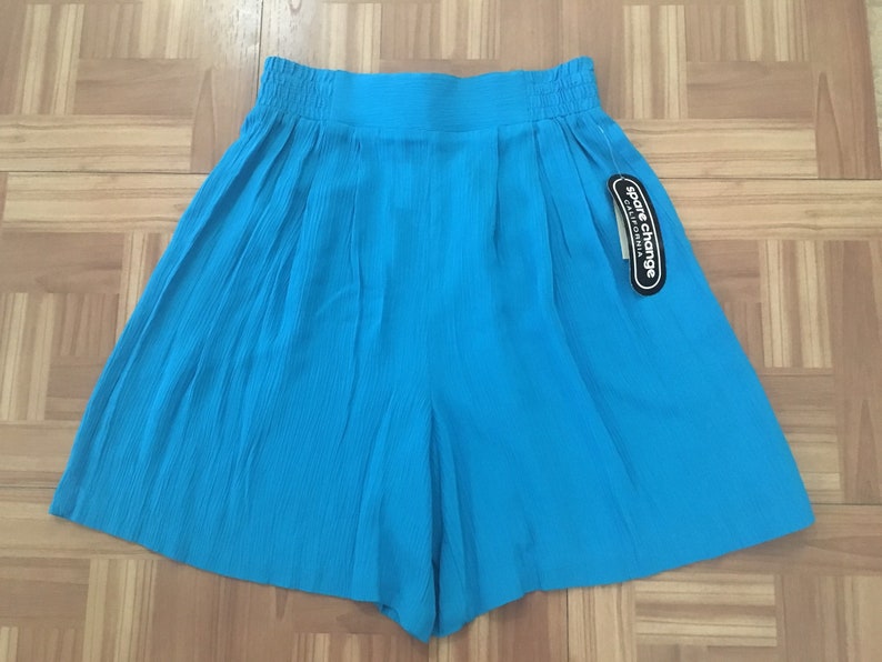 1990s Rayon Shorts S \u2022 Bright Turquoise Skirted Elastic Waist Shorts with A Longer Length \u2022 90s Fashion