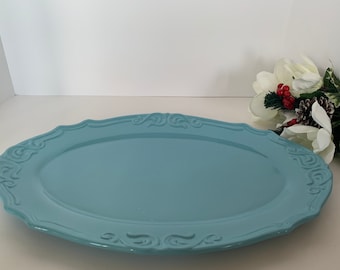 1980s Light Blue Ceramic Serving Platter • Holiday Platter • Vintage Serving Platter