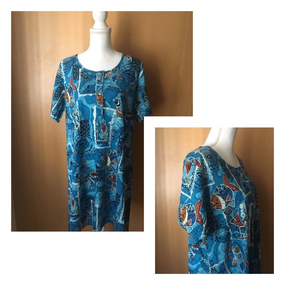 1980s Abstract Fish Design Relaxed Fit Tunic Dres… - image 1