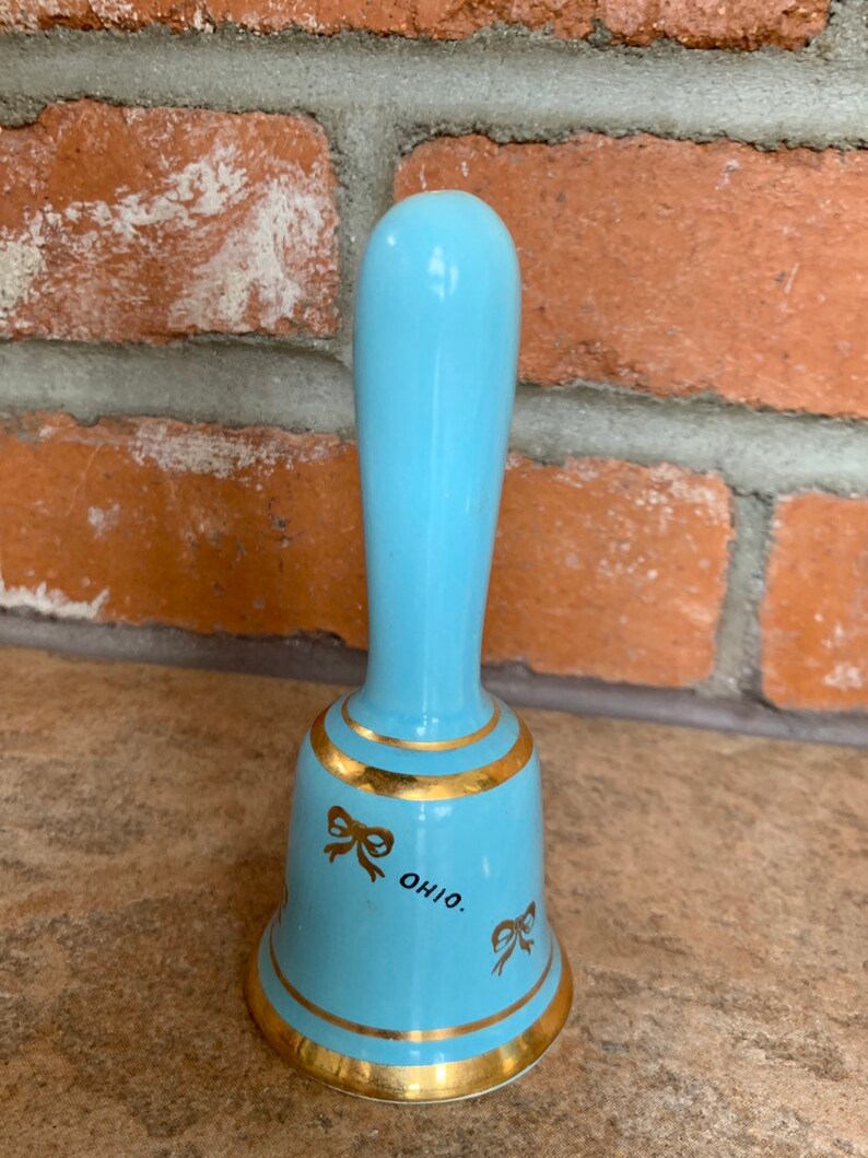 Midcentury Cincinnati Ohio Bell Salt & Pepper Shakers Light Blue Bell Shaped Shakers With Gold