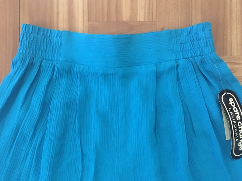 1990s Rayon Shorts S \u2022 Bright Turquoise Skirted Elastic Waist Shorts with A Longer Length \u2022 90s Fashion