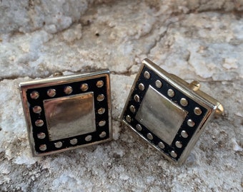 1950s Cufflinks Set • Midcentury Square Gold Toned Stainless Cufflinks with Black Border • Gifts for Men