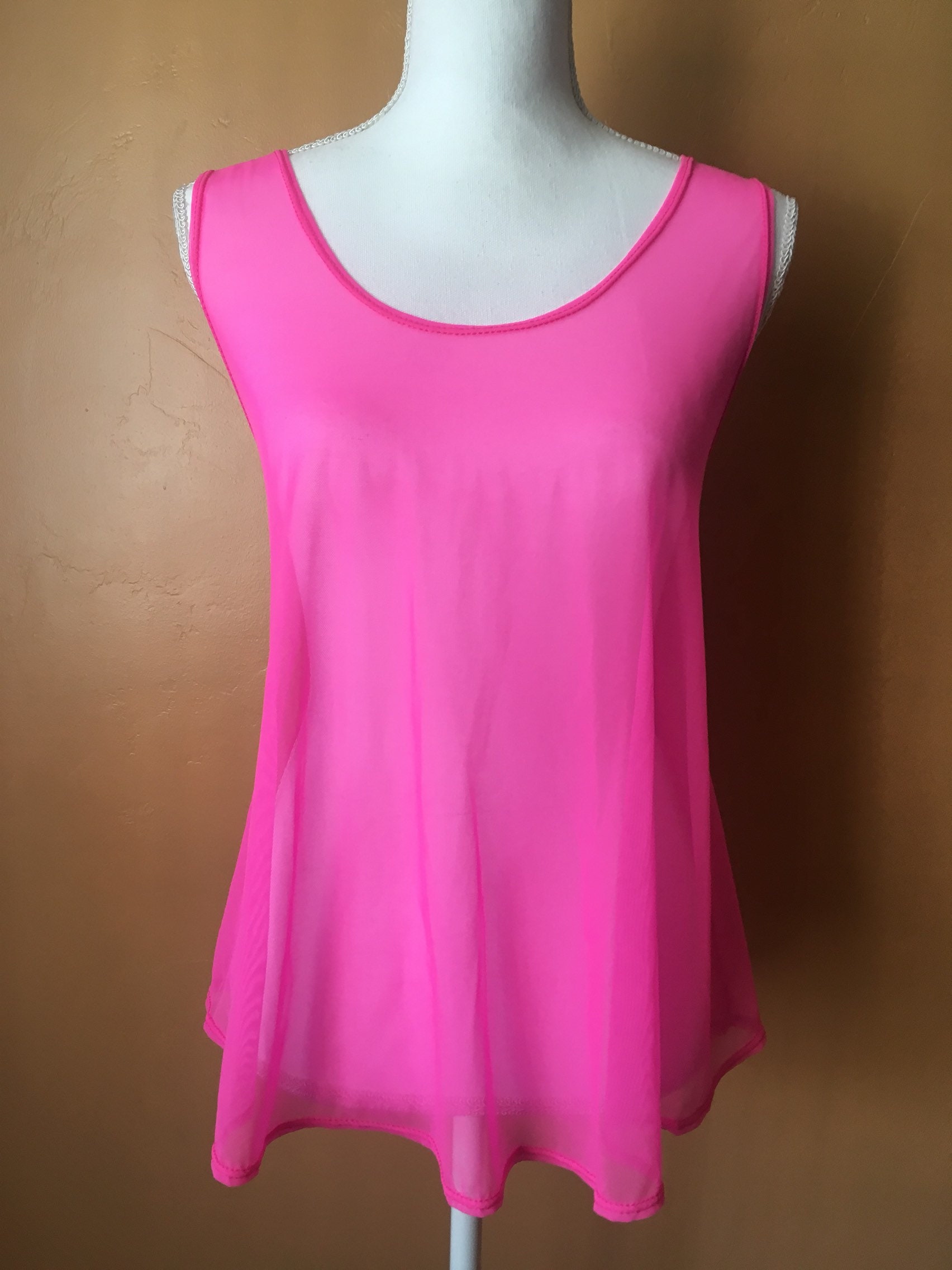 Neon Pink Sleeveless Top L Sheer Dance Top Summer Blouse Etsy