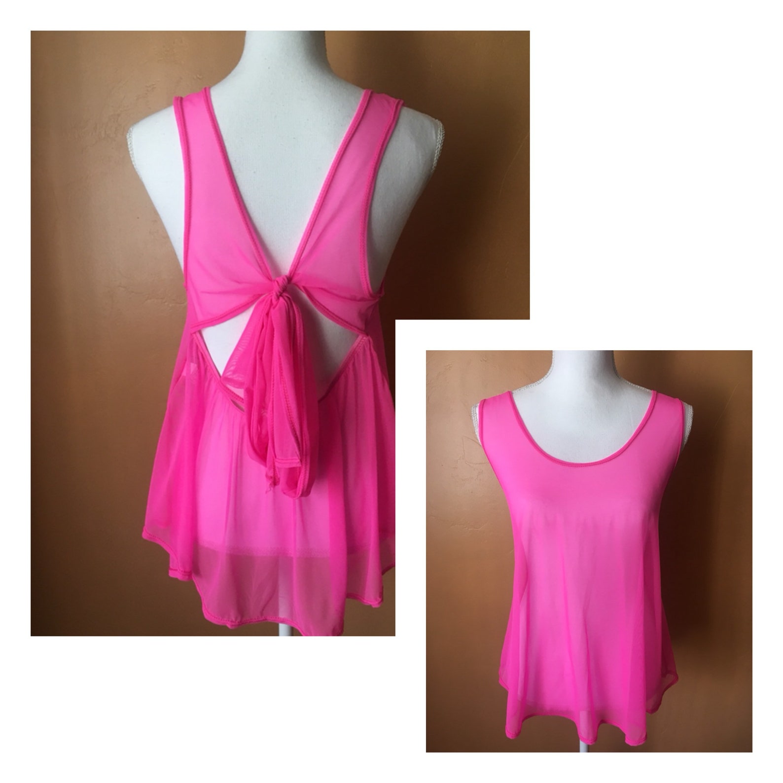 Neon Pink Sleeveless Top L Sheer Dance Top Summer Blouse Etsy