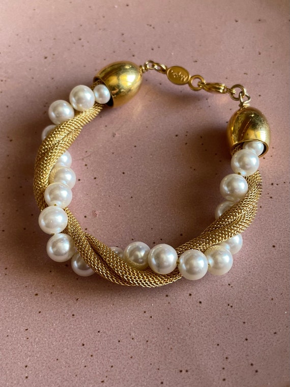 1980s Napier Twisted Gold-Tone and Faux Pearl Brac