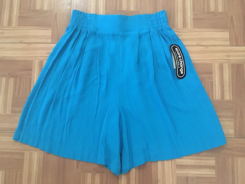1990s Rayon Shorts S \u2022 Bright Turquoise Skirted Elastic Waist Shorts with A Longer Length \u2022 90s Fashion