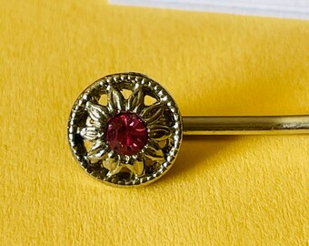 Vintage Faux Ruby Hair Pin • Silver Tone Floral Hair Accessory