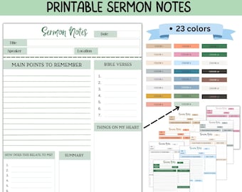 Printable Sermon Note-Taking Sheets - 23 Colors in PDF Instant Download- Document Scripture References, Key Takeaways, Personal Reflections