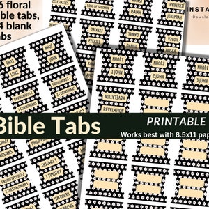 Onglets imprimables pour la Bible - Fleurs blanches sur fond noir - 66 livres de la Bible + 14 onglets vierges