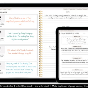 May include: A digital planner page with a gold and white design. The page is divided into sections for prayer, scripture, observation, application, and prayer. The page also includes a section for A.C.T.S. prayer, which stands for adoration, confession, thanksgiving, and supplication.