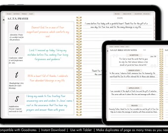 May include: A digital planner page with a gold and white design. The page is divided into sections for prayer, scripture, observation, application, and prayer. The page also includes a section for A.C.T.S. prayer, which stands for adoration, confession, thanksgiving, and supplication.