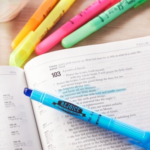 5 resaltadores secos: resaltadores aptos para la Biblia, que no traspasan, ideales para llevar un diario bíblico: azul, amarillo, verde, rosa y naranja. Suministros para el estudio bíblico