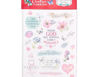 May include: A sheet of stickers with a floral and butterfly design. The stickers feature inspirational quotes and phrases, including "With God all things are possible", "Saved by Grace!" and "Where God Guides He Provides".