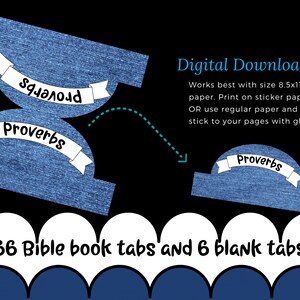 Denim Color Bible Tabs Printable- 66 Books of the Bible + 6 Blank Tabs - Print sheet of bible divider tabs on 8.5x11 inches paper.