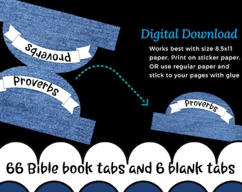 Denim Color Bible Tabs Printable- 66 Books of the Bible + 6 Blank Tabs - Print sheet of bible divider tabs on 8.5x11 inches paper.