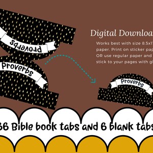 Black and Gold Bible Tabs Printable with 66 Books of the Bible and 6 Blank Tabs - Great bible indexing tabs. Works best with 8.5x11 paper