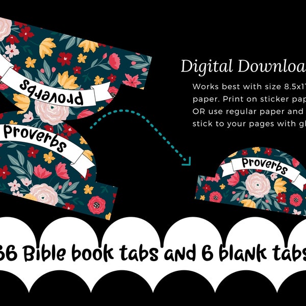 Dark Floral Bible Tabs Printable with 66 Books of the Bible and 6 Blank Tabs - Great bible indexing tabs. Works best with 8.5x11 paper
