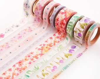 Conjunto de fitas washi para diário bíblico - Conjunto de 8 peças - fita washi cristã - material para artesanato com fita washi floral rosa