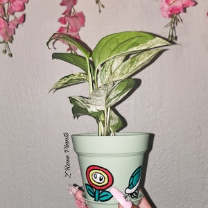May include: A green potted plant with white and green variegated leaves. The pot is painted with a green, yellow, red, and white flower and a green and blue turtle. The text "I Rose Plants" is written on the side of the pot.